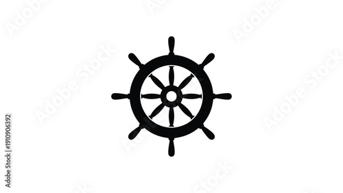 Black silhouette ship’s wheel icon with eight spokes symbolizing nautical navigation, sailing, maritime control, leadership, travel, and direction