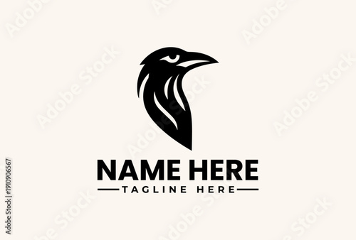 A stylized black bird logo illustration with a bold typographic design on a clean white background, featuring placeholder text for a company name and tagline.