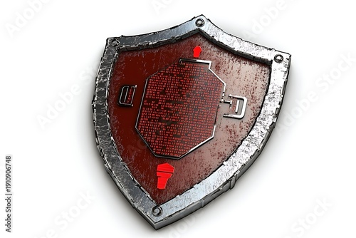 Cyber security shield logo with red alert symbols and metallic border on white background for protection concept