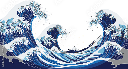 Japanese Style Great Ocean Wave Vector Illustration with Mount Fuji for Oriental Art Backgrounds, Traditional Sea Patterns, Blue Water Surf Designs, and Zen Aesthetic Wall Decor