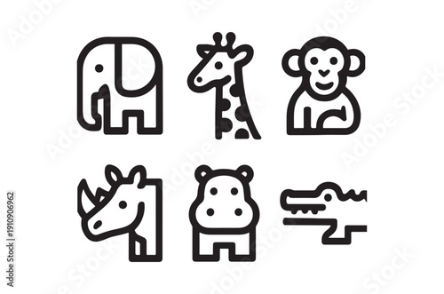 A collection of simple black and white line art icons depicting various african animals