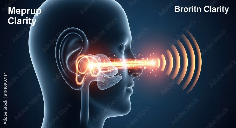 Fototapeta premium Anatomy of the Human Ear Illustration with Sound Waves and Glowing Light featuring 