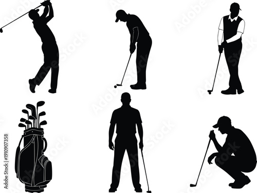 Collection of golf player silhouettes showing swing, putting, standing, and thinking poses with golf bag isolated on white background for sports, training, and design projects