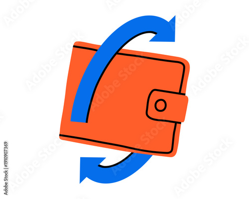 Hand drawn cute illustration of wallet with arrows. Flat vector money exchange sticker doodle. Shopping or payment transaction icon or print. P2P fintech. Digital banking purse. Isolated.