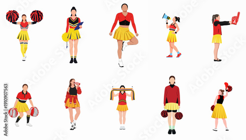 Diverse collection of female cheerleaders and sports fans, showcasing various poses, team spirit, and accessories like pom-poms, megaphones, and fan gloves.