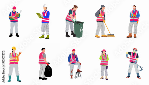 Diverse Group of Essential Service and Industrial Workers in High-Visibility Vests Performing Maintenance, Cleaning, and Waste Collection Tasks.
