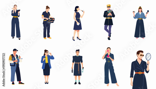 Diverse group of professionals and individuals performing beauty and cosmetology activities, applying makeup, and using grooming tools.