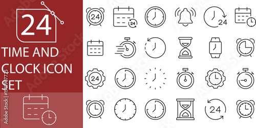 24 Time and Clock Icons Set – Alarm Clocks, Timers, Scheduling, Deadlines, Time Management, Stopwatch, Calendar Planning, Digital and Analog Clocks, and Productivity Tracking Vector Icon Collection