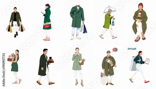 Collection of modern people in fashionable green coats and white jeans, performing various urban activities like shopping, walking, and using smartphones.