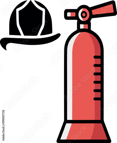 Firefighter Helmet and Extinguisher Fire Safety Equipment Icon Set