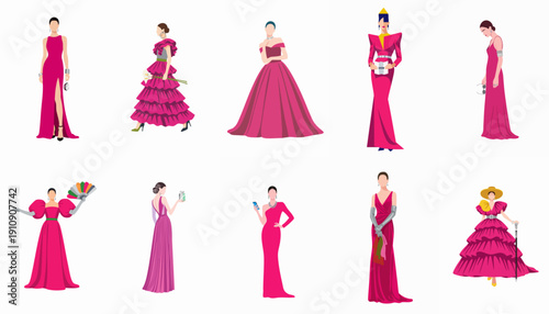 Vector collection of stylish women in luxurious pink and magenta evening dresses, illustrating diverse fashion, elegance, and glamour.