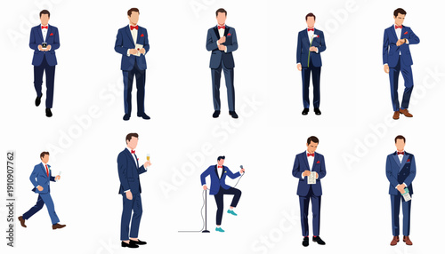 Elegant men in formal blue suits and red bow ties: vector illustration collection depicting actions related to weddings, events, and performance.