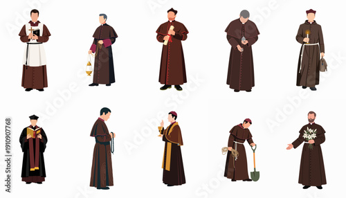 Collection of various Catholic clergy figures, including priests, monks, and friars, in traditional vestments holding religious objects like the Bible, cross, and rosary.