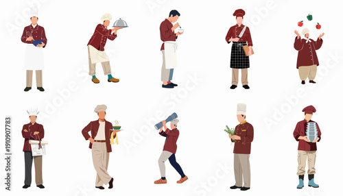 Dynamic collection of illustrated male chefs showcasing various professional kitchen activities, from cooking and tasting to serving and food preparation tasks.