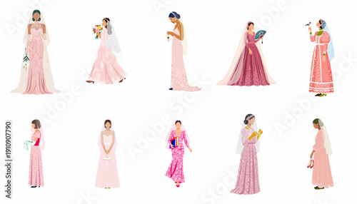 Diverse Set of Brides in Pink and Coral Wedding Dresses, Featuring Elegant Gowns, Veils, and Cultural Fashion Styles Vector Collection