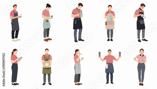 A set of diverse baristas in uniform aprons performing various coffee shop tasks like serving, preparing espresso, steaming milk, and taking orders.