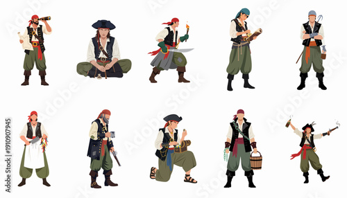 Collection of diverse pirate characters isolated on white, showcasing various maritime roles and actions like treasure hunting, sailing, and fighting in a cartoon style.