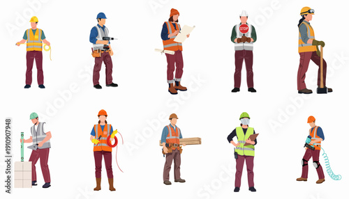 Diverse Construction and Trades Workers Set with Tools, Safety Vests, and Hard Hats: Flat Vector Illustration Collection on White Background.