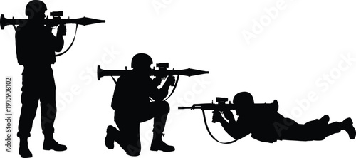 Military soldier silhouettes with rocket launchers in standing, kneeling, and prone firing positions isolated on white background for defense, warfare, and security design projects