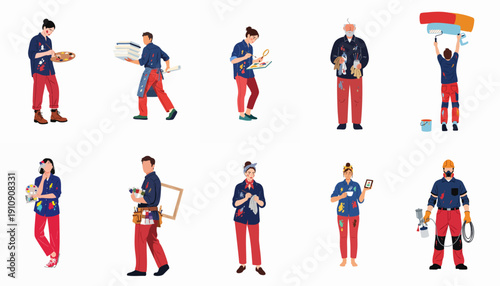 Collection of painters, artists, and craftsmen covered in colorful paint stains, showcasing creative professional roles and hobbies.