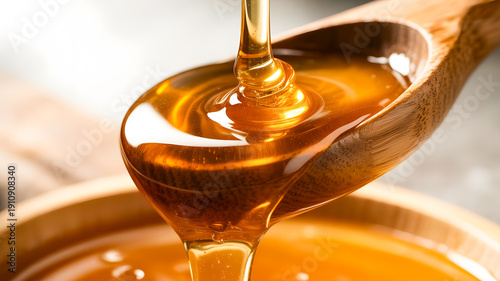 Golden honey pouring from wooden dipper into a bowl with warm light and smooth texture, sweet natural syrup concept for healthy organic food background