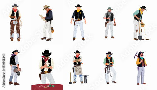 Collection of Western figures and professions, showing diverse cowboy roles from rancher to sheriff and gold prospector in vector flat style.