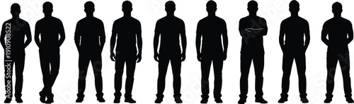 Row of standing male silhouettes isolated on white background representing diversity, teamwork, leadership, anonymity, corporate identity, and modern minimal design concept