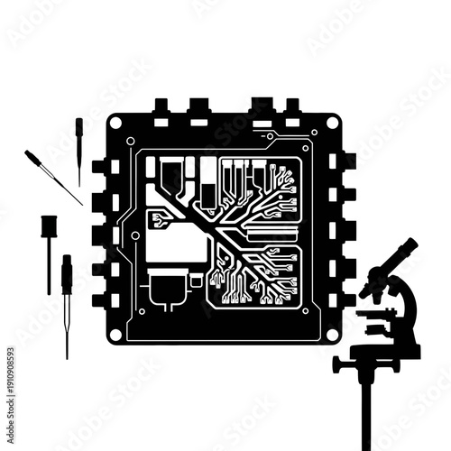 A close-up view of a circuit board with a soldering iron in the background.