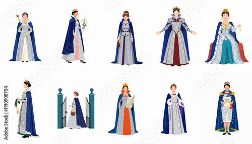 Set of royal women illustrations showing queens, empresses, and noble ladies in various historical poses, complete with crowns, scepters, and blue ceremonial robes.