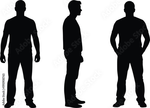 Three male human silhouettes showing front side and back views isolated on white background for design, identity, and profile templates usage