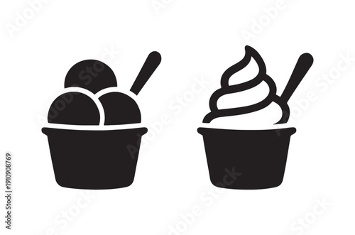 Black and white illustration displaying two dessert options ice cream scoops and soft serve