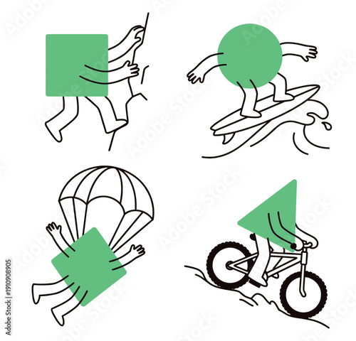 Extreme sports geometric characters in linear doodle style