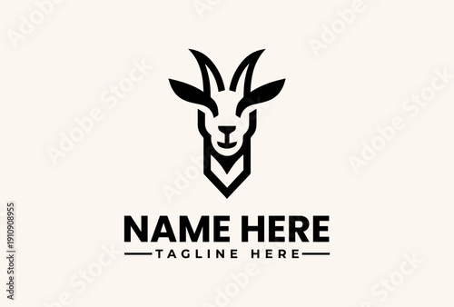 A stylized illustration of a goat's head logo with a placeholder name and tagline on a clean white background.