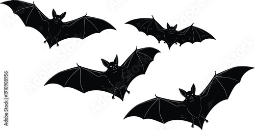 PrintBlack Silhouette Illustration of Four Bats Flying with Outstretched Wings, Minimalist Halloween Bat Graphic Set on Isolated White Background,