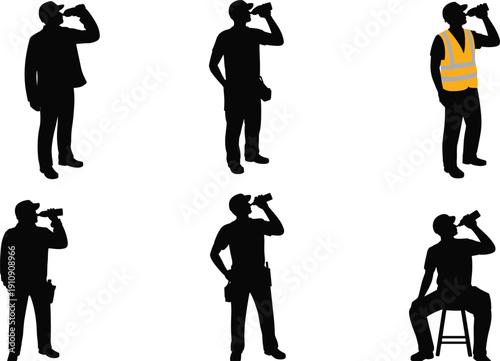 Worker silhouettes drinking water during break, construction laborers isolated on white background