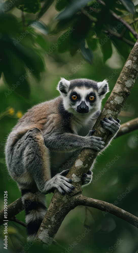 Obraz premium A cute ring-tailed lemur resting high in the branches of a tropical forest tree, looking directly at the viewer with large curious brown eyes ,alert ,cute ,animal
