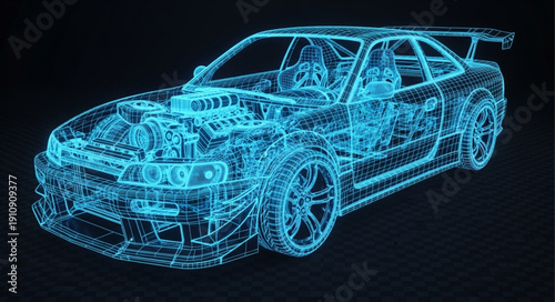 Wireframe Car Racing Vehicle Model.