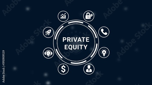 Private equity investment and financial growth concept with modern animated and secure business symbols in futuristic dark theme