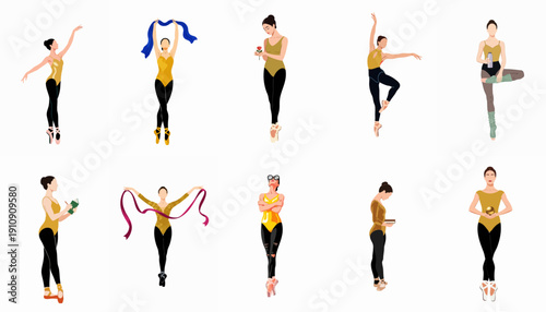 Versatile set of female ballet dancer vector illustrations demonstrating graceful poses, practice routines, and everyday life moments.
