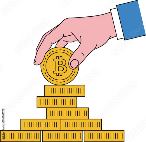 Flat vector illustration of a businessman hand placing a golden bitcoin on a rising stack of coins for financial investment and cryptocurrency growth concepts.