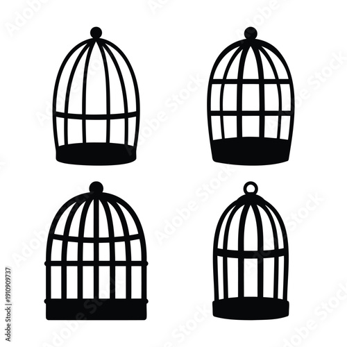 Collection of classic bird cage silhouettes in black on a clean white background
