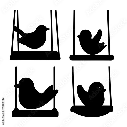 Cute black bird silhouettes sitting on swings in a charming square arrangement