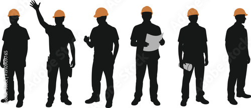 Construction worker silhouettes wearing helmets, professional builder team isolated on white background