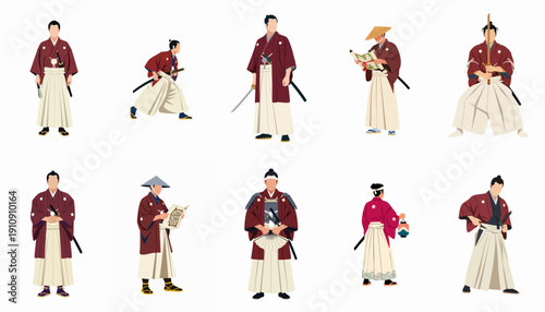 Flat vector illustration set of traditional Japanese samurai and historical figures in diverse poses and activities, wearing kimono and hakama.