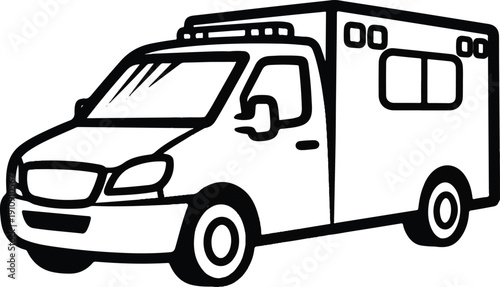 Black and white illustration of a medical ambulance vehicle, side view.