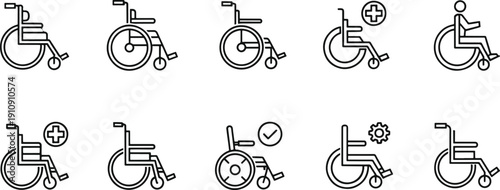 Wheelchair and Disability Accessibility Icon Set: Patient Mobility, Hospital Transport, and Medical Assistance Line Art