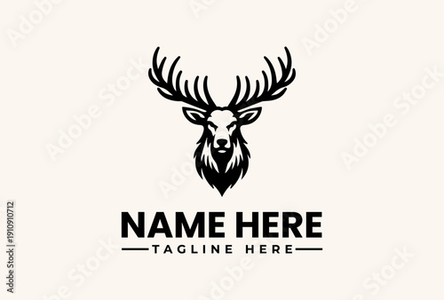 A black and white vector illustration of a deer head logo with antlers and customizable text on a beige background.