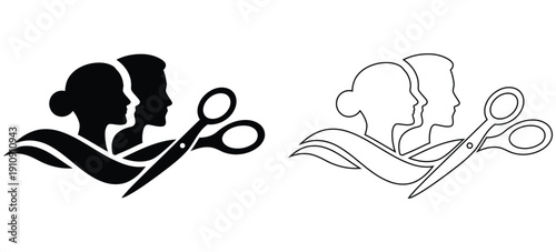 Hair Salon Logo with Scissors and Man Woman Face Silhouette Vector Beauty Barber Shop Icon