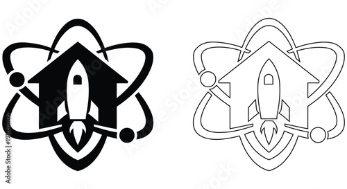 Smart Home Rocket Launch with Global Orbit Network Logo Vector Icon Real Estate Technology Innovation Symbol