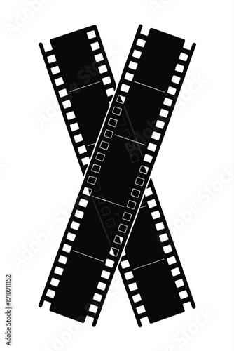 Minimal monochrome film strip ribbons intersecting in diagonal flow, sharp perforation details, artistic cinematic depth, dramatic shadow play, modern abstract background design.